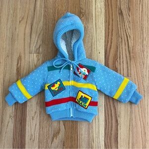 Vintage Blue Hooded Baby Jacket with Patches Trains Cars size 3-6 months